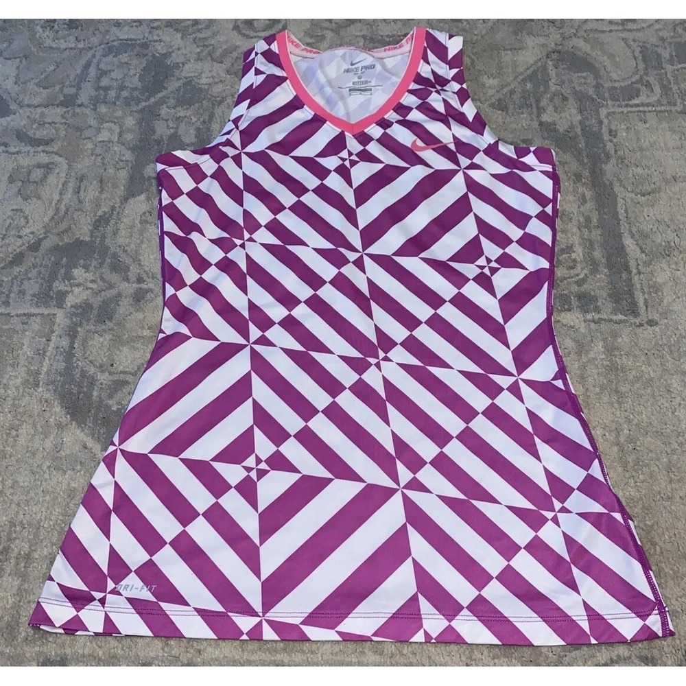 Nike Pro Dri Fit Fitted Womens V Neck Pink White Geometric Tank Top Sz Medium